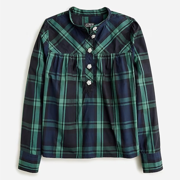 NWT J Crew Organic Cotton Fresco Top Jewel Buttons Green Blue Tartan Plaid - Picture 7 of 7